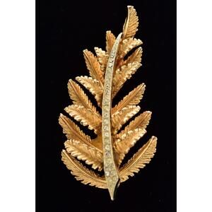 ART Vintage Leaf Pin Brooch Fall Rhinestone Crystal Gold Tone Signed 1950s BinBG